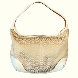 Coach Tan and White Canvas and Leather Signature Shoulder Bag